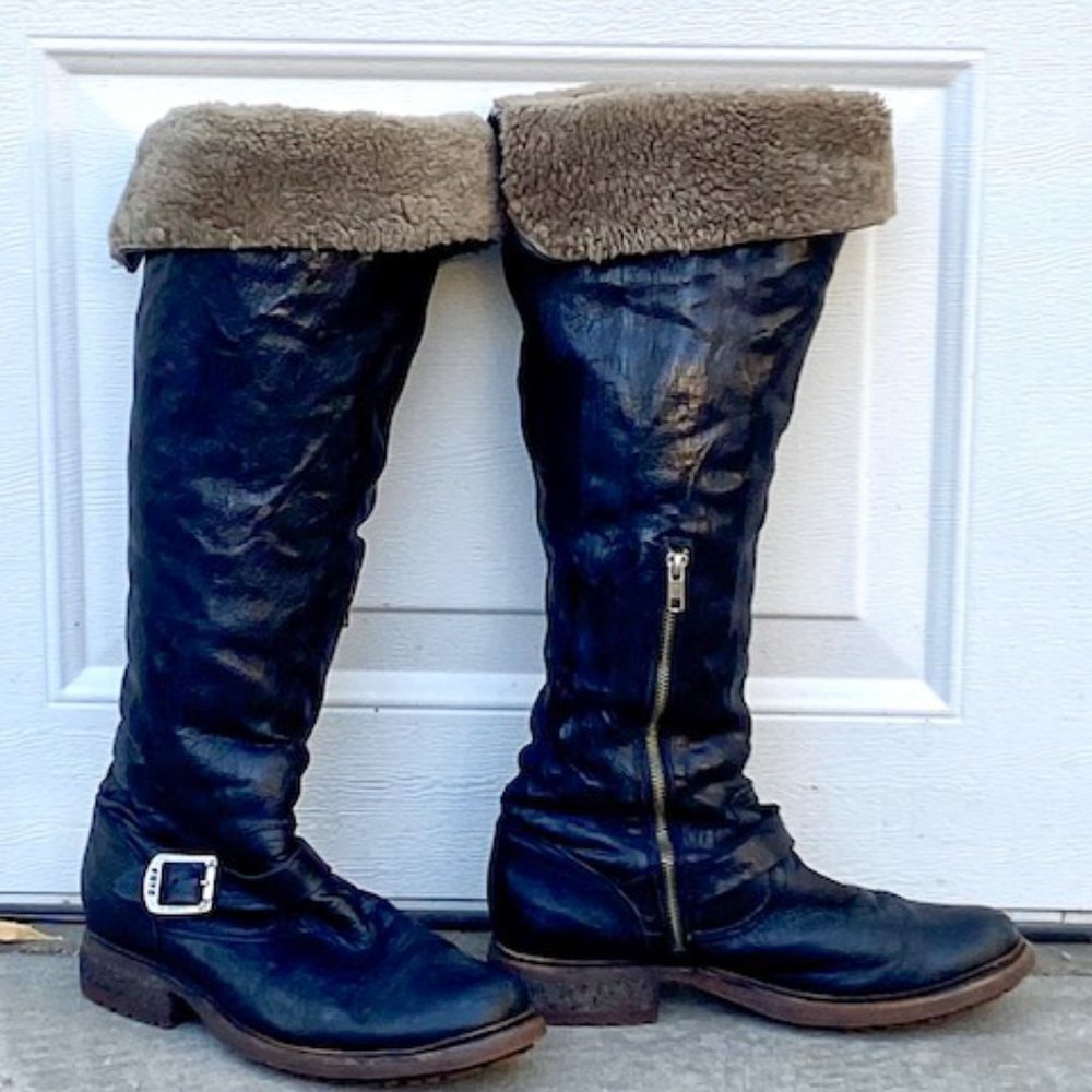 Frye Valerie Boots - Tall, Shearling-Lined, Black Leather Boots, Size 11